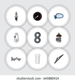 Flat Component Set Of Tachometr, Steels Shafts, Packing And Other Vector Objects. Also Includes Packing, Mirror, Spark Elements.