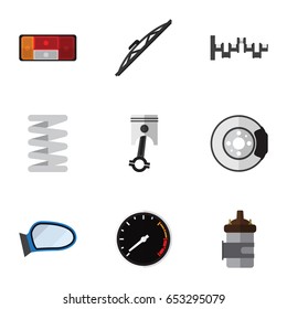 Flat Component Set Of Tachometr, Steels Shafts, Windshield And Other Vector Objects. Also Includes Brake, Wiper, Speedometer Elements.