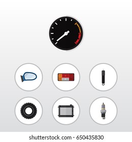 Flat Component Set Of Tachometr, Wheel, Combustion And Other Vector Objects. Also Includes Tire, Car, Spark Elements.