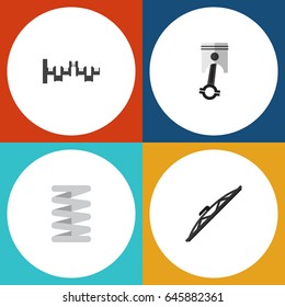 Flat Component Set Of Windshield, Conrod, Steels Shafts And Other Vector Objects. Also Includes Shafts, Crankshaft, Piston Elements.