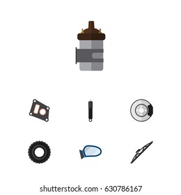 Flat Component Set Of Windshield, Metal, Wheel And Other Vector Objects. Also Includes Tire, Wing, Windshield Elements.