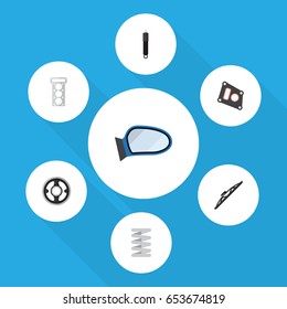 Flat Component Set Of Windshield, Packing, Auto Component And Other Vector Objects. Also Includes Pulley, Crankshaft, Wiper Elements.