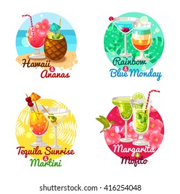 Flat composition 2x2 depicting type of tropical cocktails in special glasses with title vector illustration