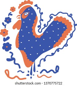 Flat composition of abstract rooster, flowers and lines on a white background. Vector.