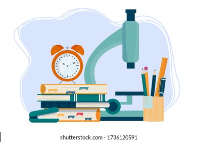 Flat composition with alarm, microscope, books, pencil, pen, ruler isolated stock vector illustration. E-learning, education. Back to school concept. 