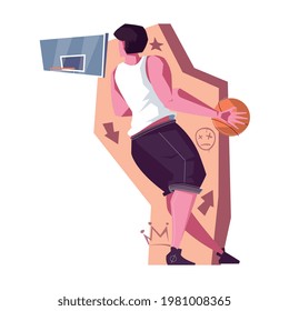 Composición plana con jugador de baloncesto e ilustración del vector de bola