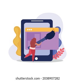Flat composition with character of web designer holding brush and electronic device vector illustration