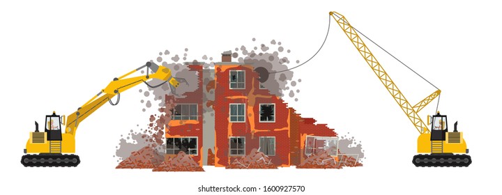 flat composition Demolition of a building. Destruction of the house with the help of an excavator. Dismantling of an old building. Vector illustration. Isolated on a white background.