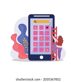 Flat composition with female character and application icons on smartphone screen vector illustration