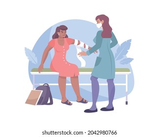 Flat composition with female doctor bandaging woman arm vector illustration