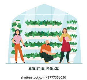 Flat composition with gardeners and pots with plants in greenhouse vector illustration