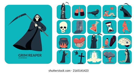 Flat composition with grim reaper figure and 20 square icons with death symbols vector illustration