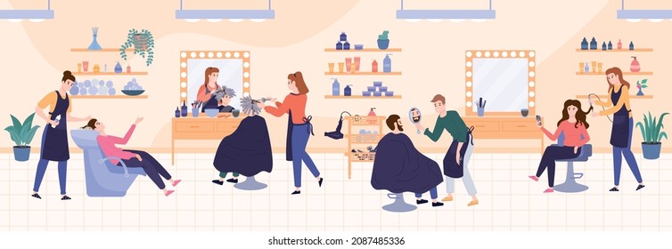 Flat composition with hair salon interior hairdressers and barber working with clients vector illustration