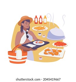 Flat composition with hotel guest holding tray with dinner vector illustration