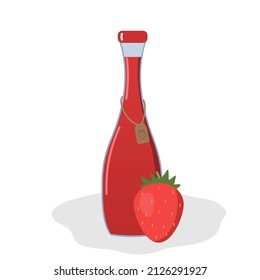 Flat composition illustration - strawberry wine in a bottle and berry. Delicious homemade berry wine. Vector illustration - eps10.