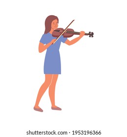 Flat composition with isolated human character of woman playing viola on blank background vector illustration