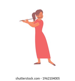 Flat composition with isolated human character of woman in dress playing flute on blank background vector illustration