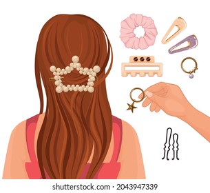 Flat composition with longhaired young girl and hairdressers hand holding bijouterie item for female hairstyling decoration vector illustration