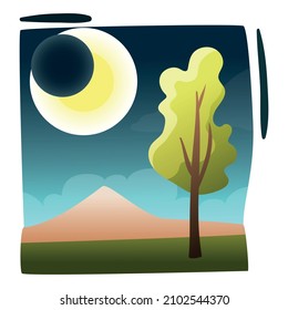 Flat composition with lunary eclipse above wild landscape vector illustration