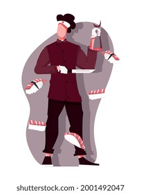 Composición plana con carácter masculino del chef del restaurante y ilustración vectorial de sushi