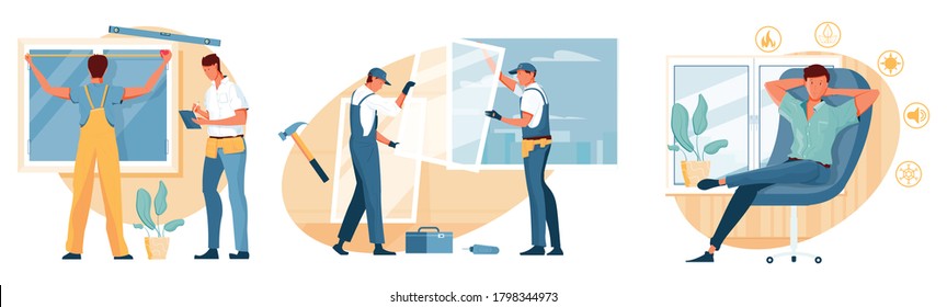 Flat composition with man in armchair and workers measuring and installing modern plastic windows isolated vector illustration