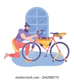 Flat composition with man fixing his bike vector illustration