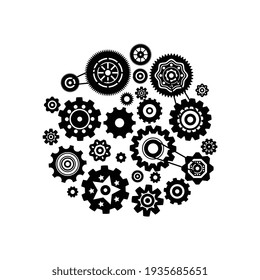 Composición plana del mecanismo con ruedas de engranajes de diferentes formas de ilustración vectorial