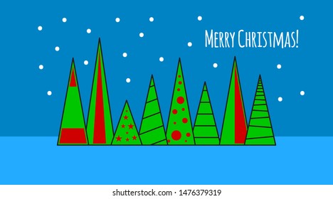 Flat composition of merry christmas. Green trees and snow, winter decorated forest, minimal banner. Vector illustration