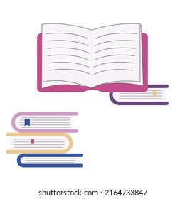 flat composition with open book and stack of colorful books