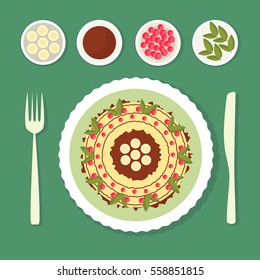 The flat composition. Pancake with bananas and chocolate, decorated with berries and leaves.  Festive breakfast \ lunch