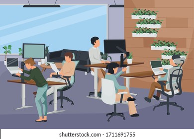 Flat composition with people working at open space office with contemporary workspace vector illustration