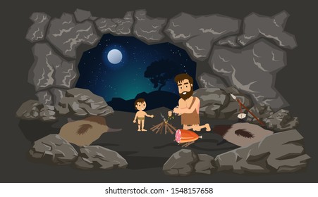 flat composition Prehistoric man makes fire carving sparks from flint. Vector stock illustration, flat design style.