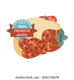 Flat composition with premium quality sliced sausage vector illustration