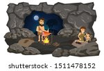 flat composition Primitive people in the cave. Vector stock illustration, flat design style. Isolated on a white background.