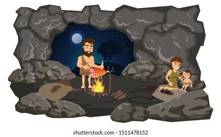 flat composition Primitive people in the cave. Vector stock illustration, flat design style. Isolated on a white background. svg