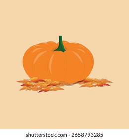 A flat composition with a pumpkin and colorful maple leaves around it. Editable vector.

