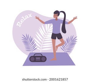 Composición plana con una mujer relajada haciendo yoga para manejar la ilustración del vector de estrés
