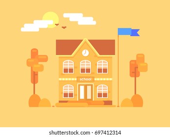 Flat composition of the school. It's time for autumn. Yellowed bushes and trees. Vector illustration.
