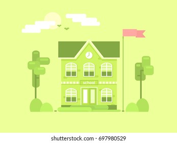 Flat composition of the school. It's time for spring. Green plants, trees. Flying birds from the warm regions. A positive, easy landscape. Vector illustration.