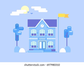 Flat composition of the school. It's time for winter. Snowy landscape, blue trees and bushes. A contrasting orange flag near the school. Cold and calm landscape. Vector illustration.