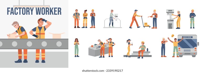 Flat composition set of factory workers during their working day isolated vector illustration