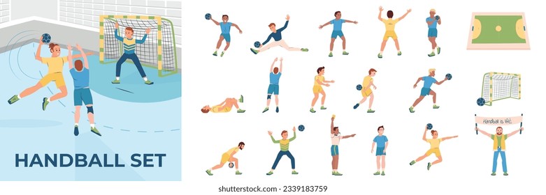 Conjunto plano de composición de los jugadores de balonmano durante el árbitro de la cancha de juego y la ilustración vectorial aislada de hinchas deportivos