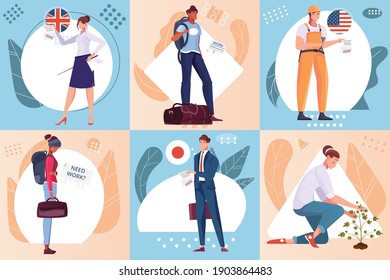 Flat composition set with male and female migrants standing with luggage and doing different jobs isolated vector illustration