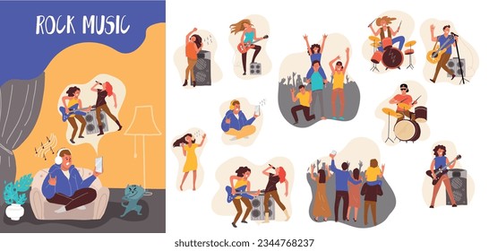 Conjunto plano de composición de hombres y mujeres escuchando y tocando música rock ilustraciones vectoriales aisladas