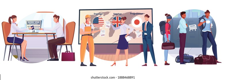 Flat composition set with migrants from different countries waiting with bags getting work visa isolated vector illustration