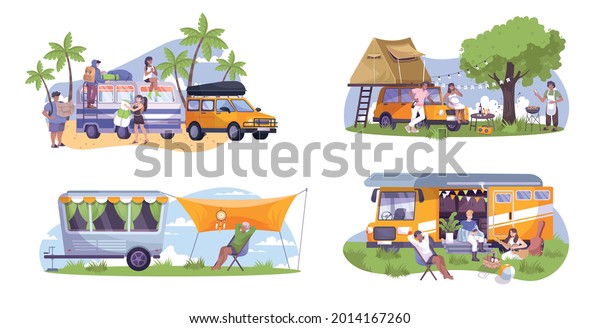 Flat composition set with motor home trailer\
and campers doing barbecue playing guitar resting outdoors isolated\
vector illustration