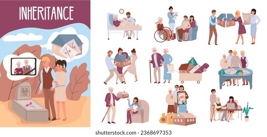 Flat composition set with people coming into inheritance and elderly people writing will isolated vector illustration