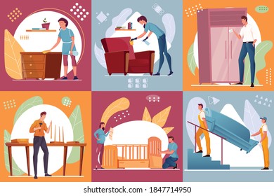 Flat composition set with people making cleaning delivering and buying furniture isolated vector illustration