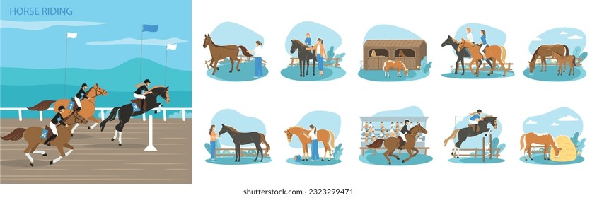 Flat composition set of people practising horse riding and caring about domestic animals isolated vector illustration