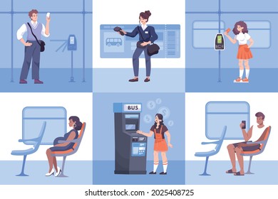 Flat composition set with ticket inspector and public transport passengers travelling and paying fare isolated vector illustration